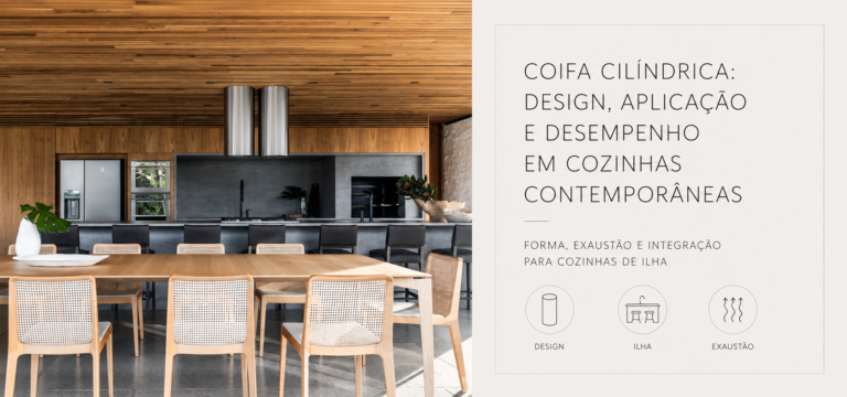 Coifa cilíndrica instalada sobre ilha em cozinha contemporânea