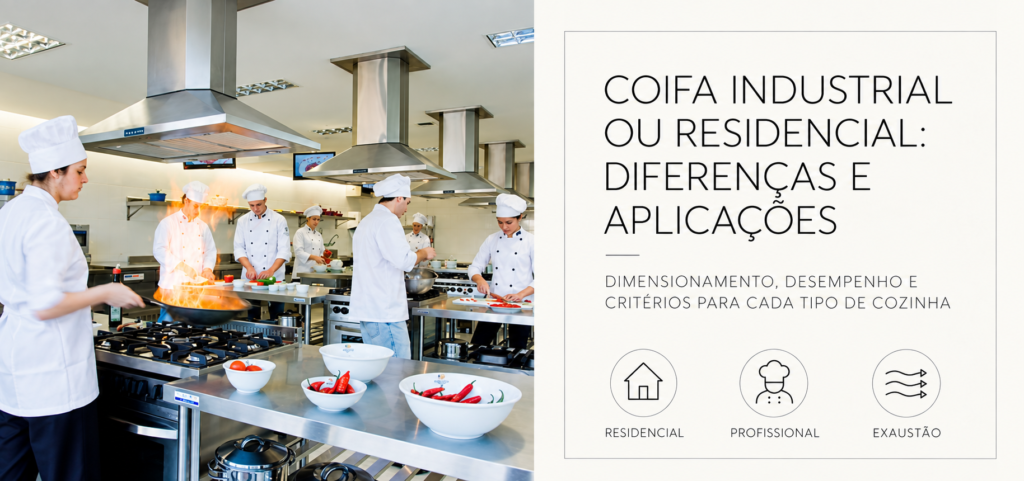 Coifa industrial em aço inox instalada em cozinha profissional