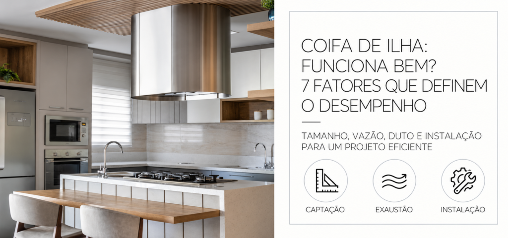 Coifa de ilha instalada sobre cooktop em cozinha integrada