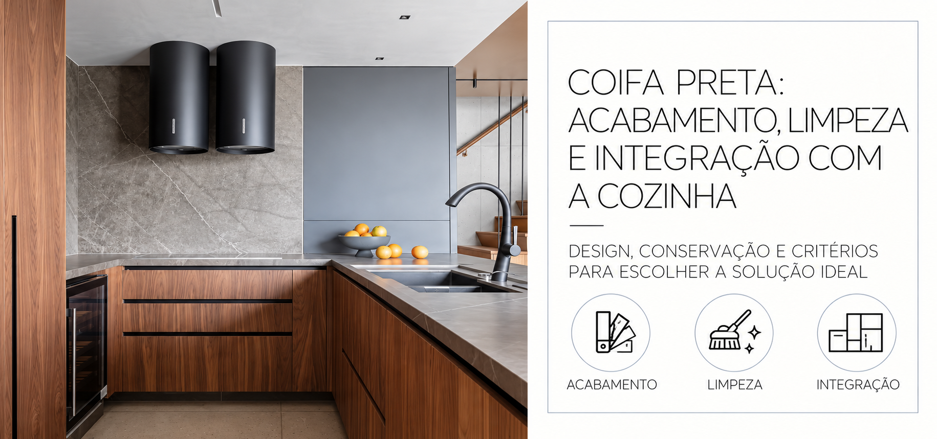 Duas coifas pretas cilíndricas em cozinha planejada com acabamento em madeira
